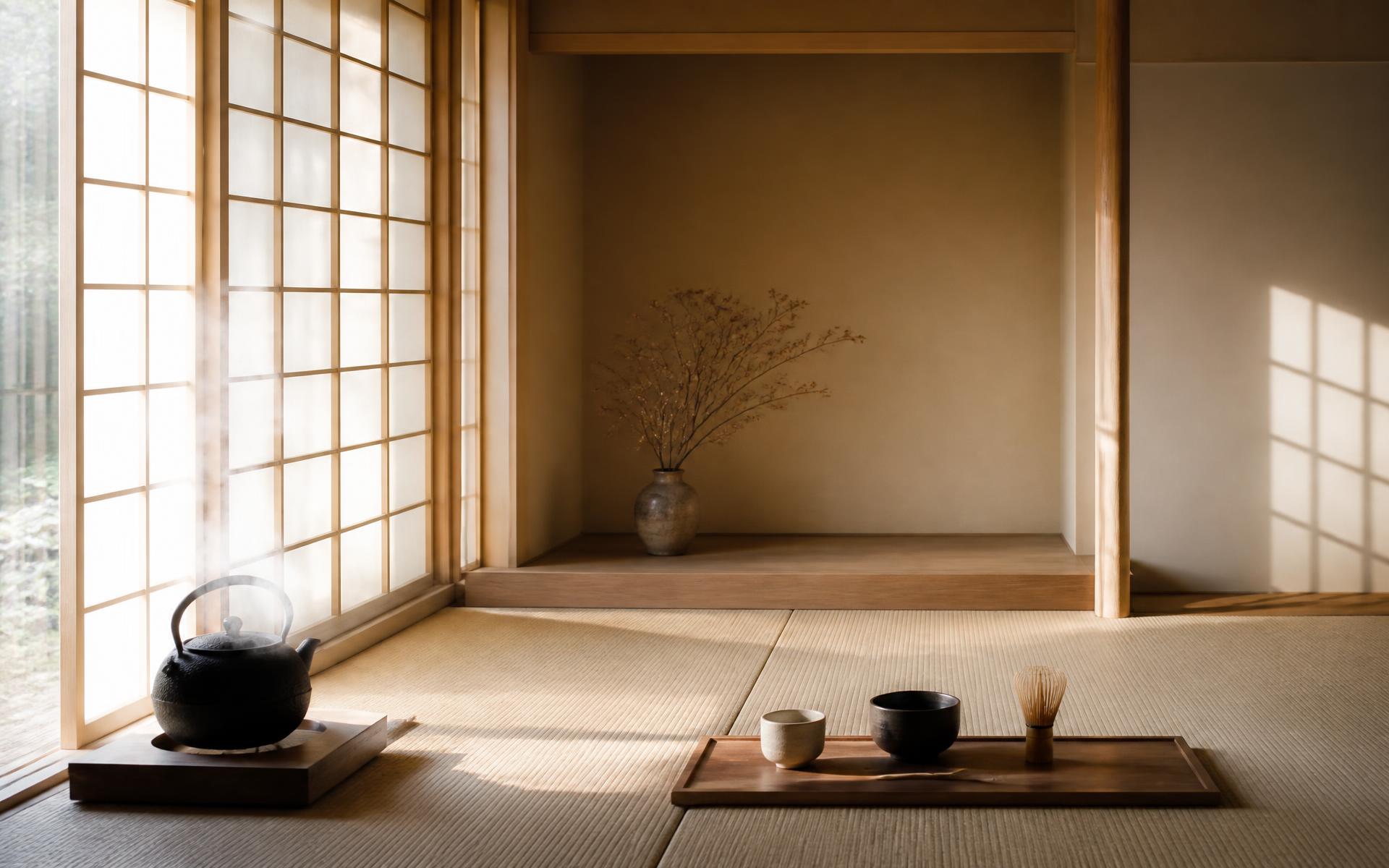 Sunlight falling across a quiet Japanese tea room